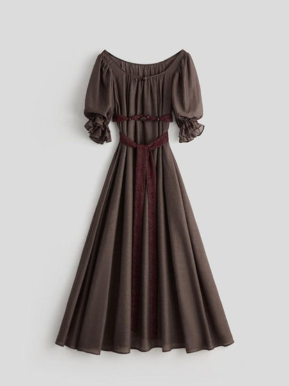 INDULGE Regal Cinched Waist Square Neck Puff Sleeve Tencel Aline Shirt Maxi Dresses