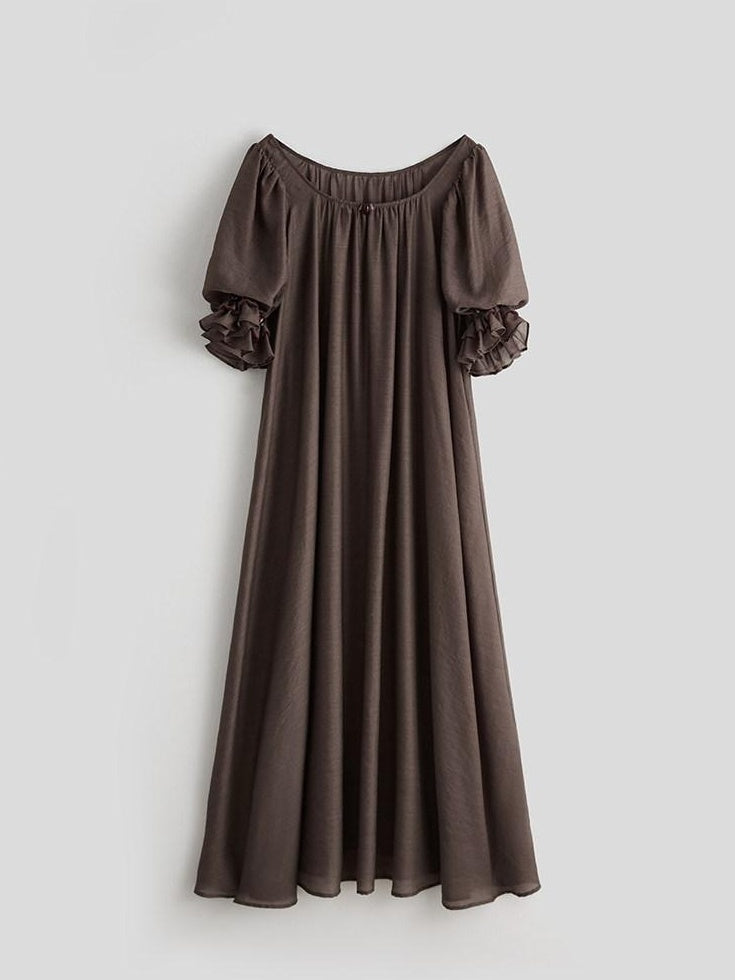 INDULGE Regal Cinched Waist Square Neck Puff Sleeve Tencel Aline Shirt Maxi Dresses