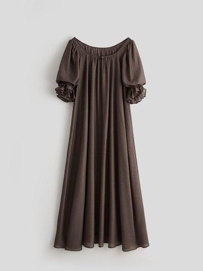 INDULGE Regal Cinched Waist Square Neck Puff Sleeve Tencel Aline Shirt Maxi Dresses