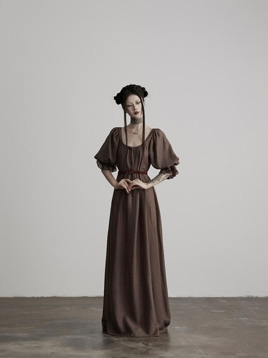 INDULGE Regal Cinched Waist Square Neck Puff Sleeve Tencel Aline Shirt Maxi Dresses
