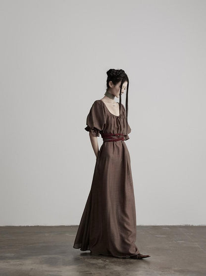 INDULGE Regal Cinched Waist Square Neck Puff Sleeve Tencel Aline Shirt Maxi Dresses