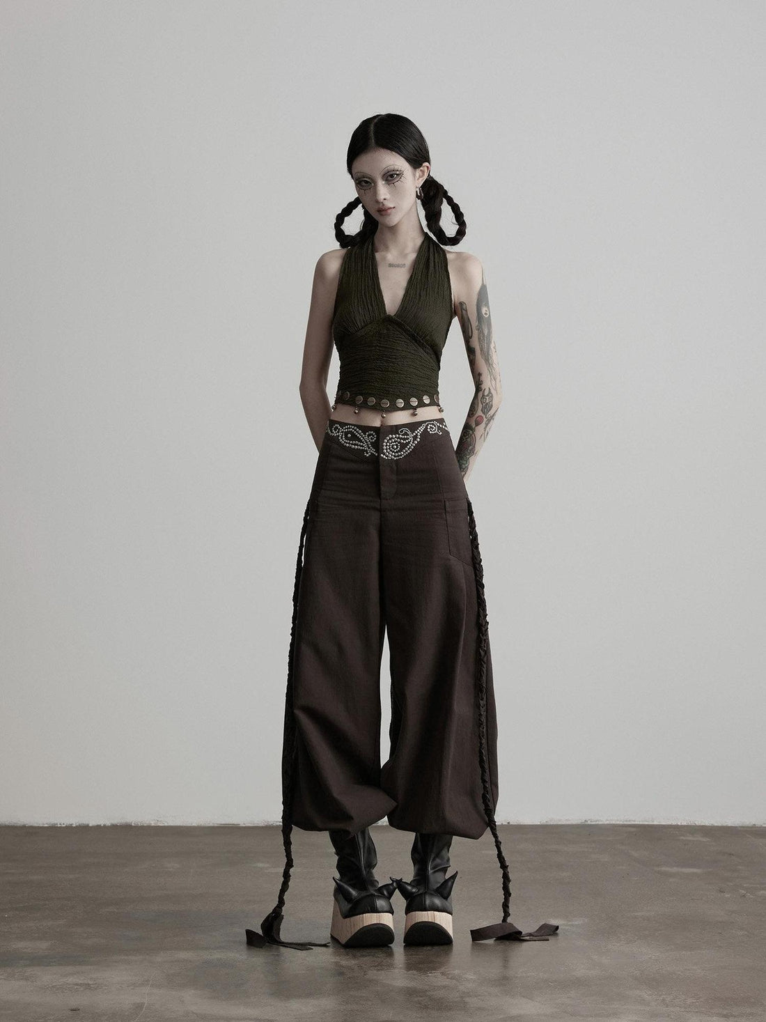 INDULGE Rhinestone Embellished Vintage Natural Waist Women Cotton Blend Wide-Leg Pants