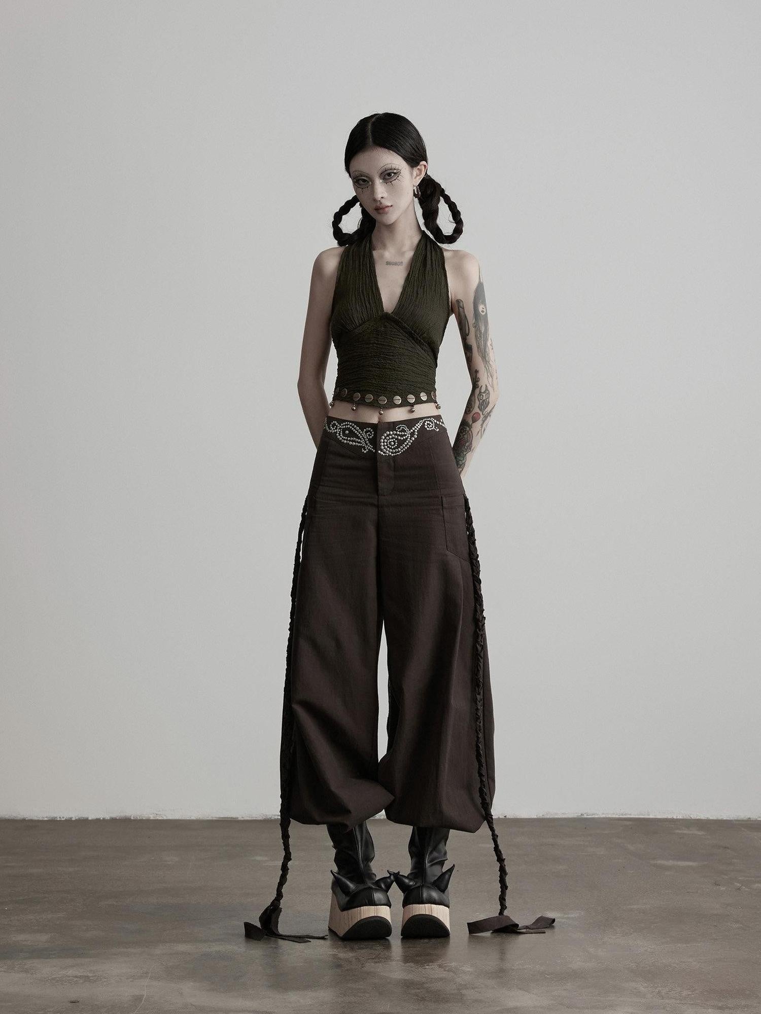 INDULGE Rhinestone Embellished Vintage Natural Waist Women Cotton Blend Wide-Leg Pants