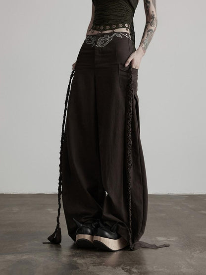 INDULGE Rhinestone Embellished Vintage Natural Waist Women Cotton Blend Wide-Leg Pants