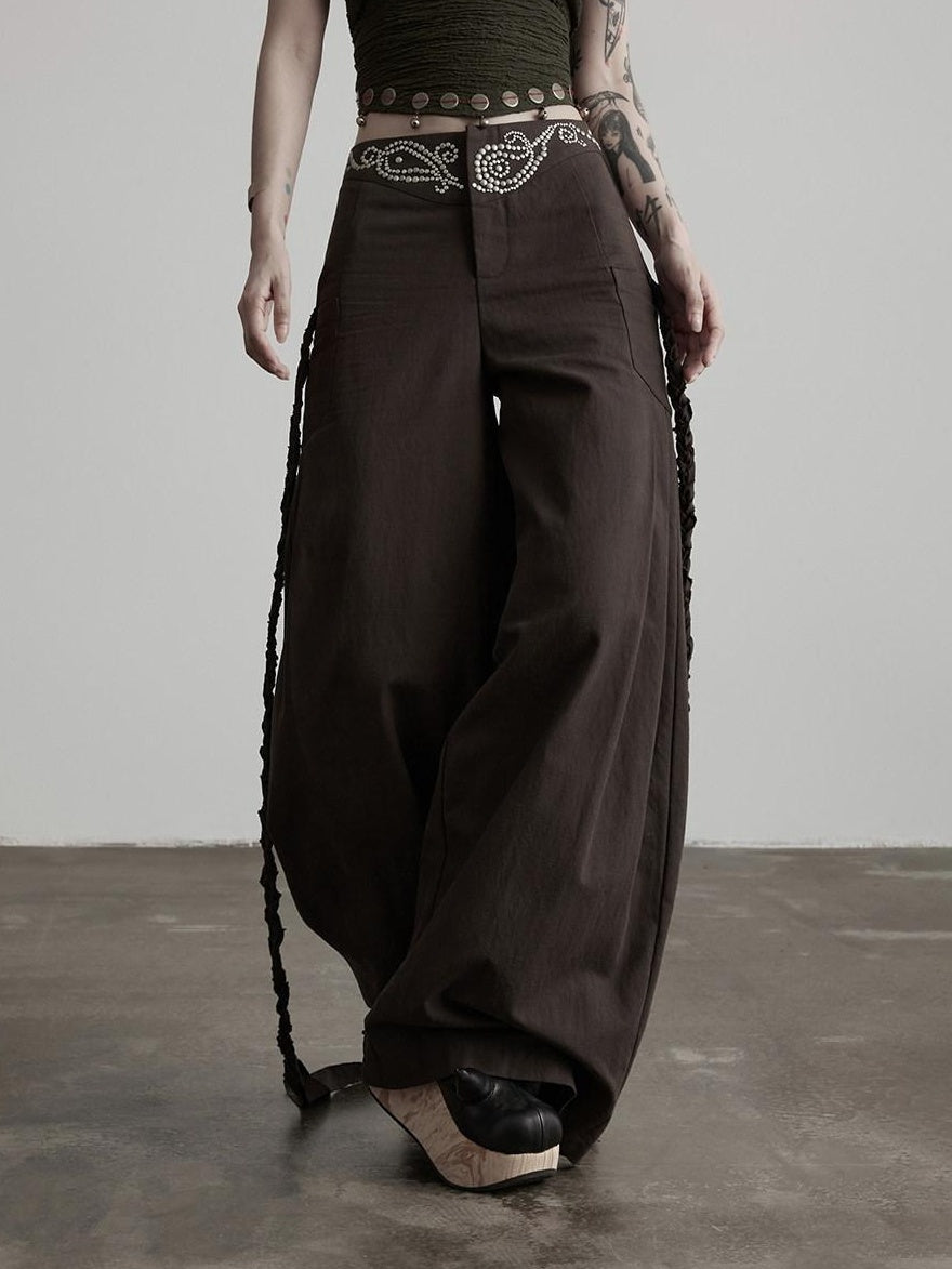 INDULGE Rhinestone Embellished Vintage Natural Waist Women Cotton Blend Wide-Leg Pants