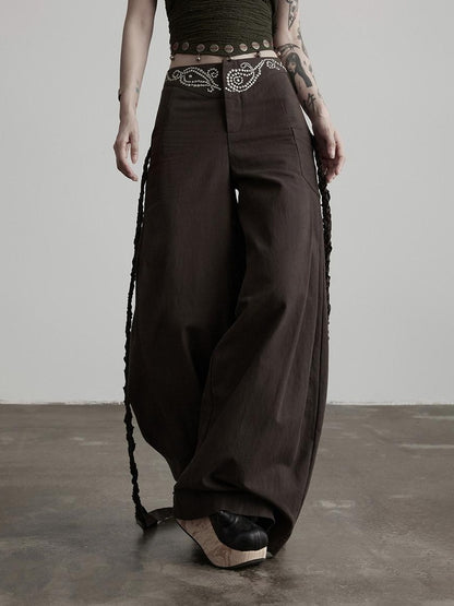 INDULGE Rhinestone Embellished Vintage Natural Waist Women Cotton Blend Wide-Leg Pants