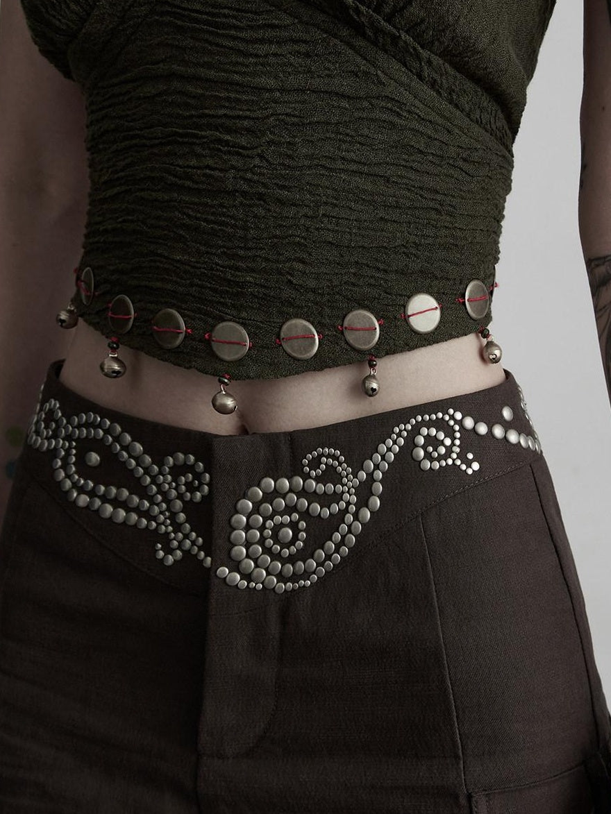 INDULGE Rhinestone Embellished Vintage Natural Waist Women Cotton Blend Wide-Leg Pants