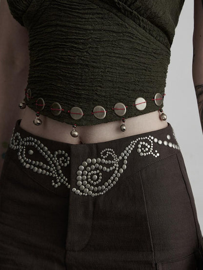 INDULGE Rhinestone Embellished Vintage Natural Waist Women Cotton Blend Wide-Leg Pants