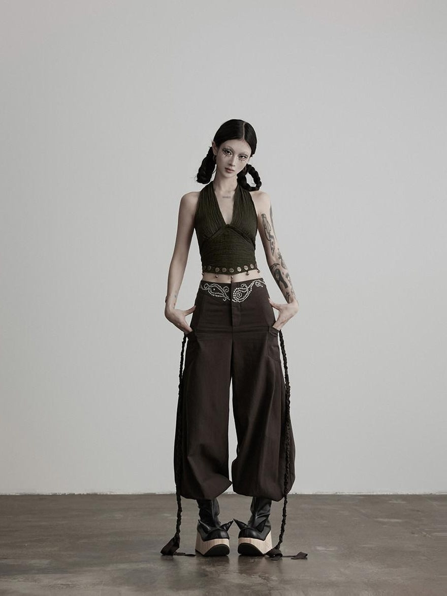 INDULGE Rhinestone Embellished Vintage Natural Waist Women Cotton Blend Wide-Leg Pants