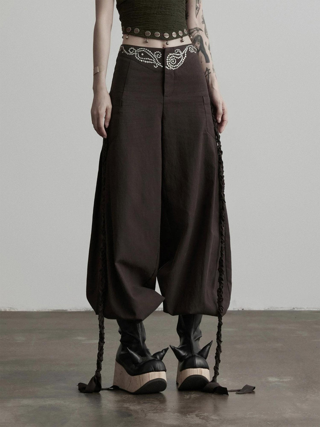 INDULGE Rhinestone Embellished Vintage Natural Waist Women Cotton Blend Wide-Leg Pants
