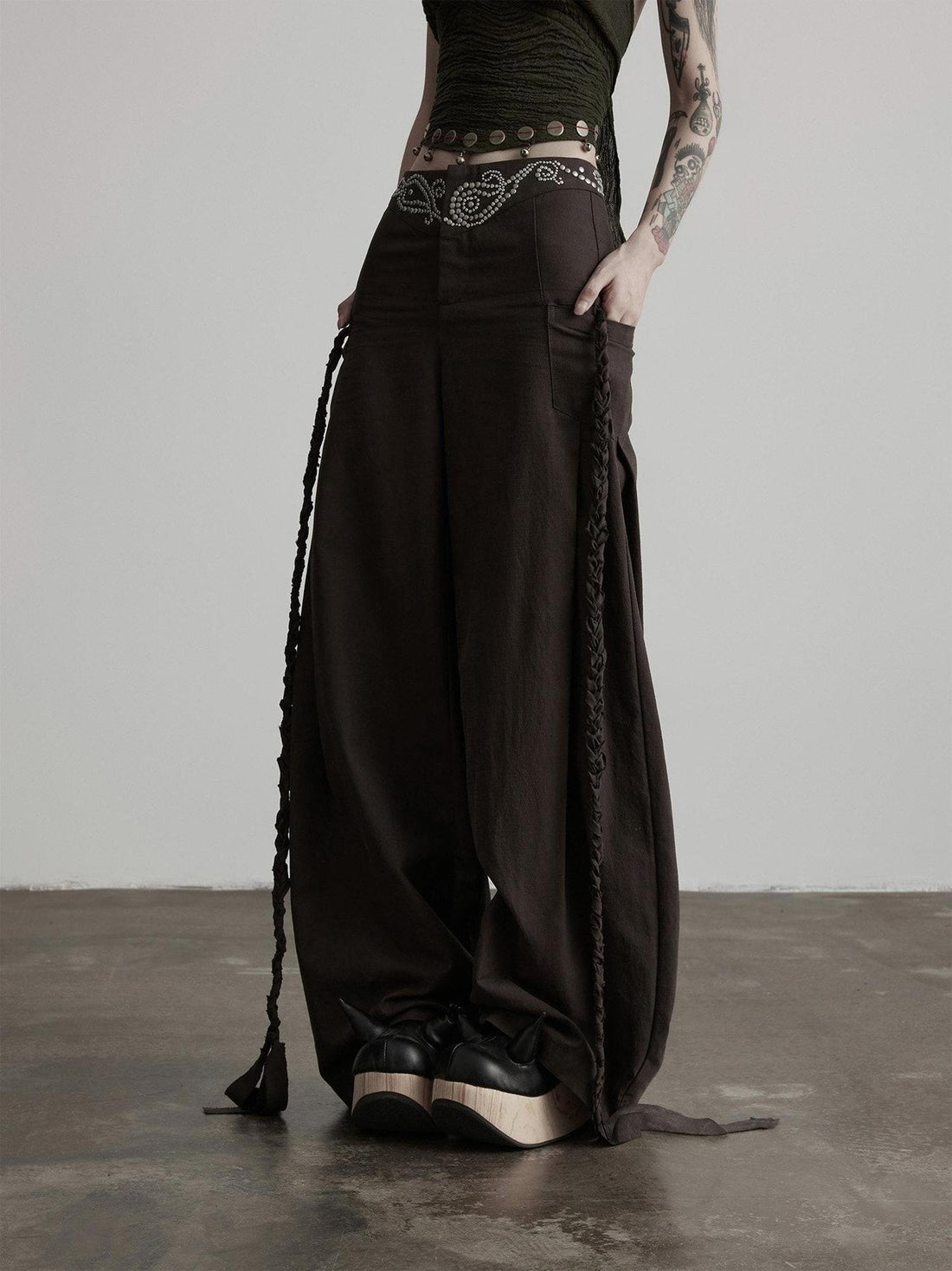 INDULGE Rhinestone Embellished Vintage Natural Waist Women Cotton Blend Wide-Leg Pants