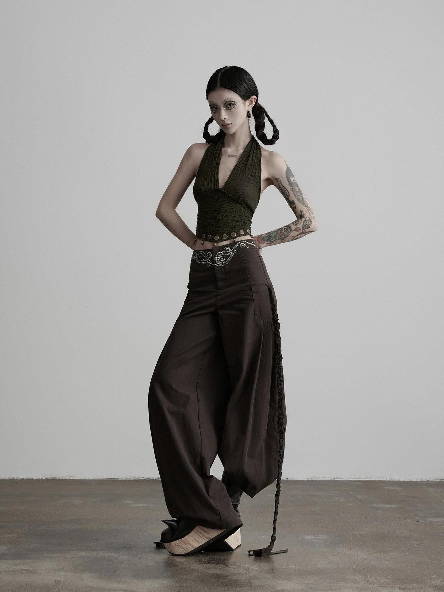 INDULGE Rhinestone Embellished Vintage Natural Waist Women Cotton Blend Wide-Leg Pants