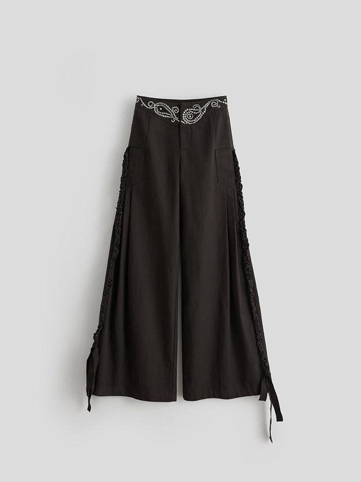 INDULGE Rhinestone Embellished Vintage Natural Waist Women Cotton Blend Wide-Leg Pants