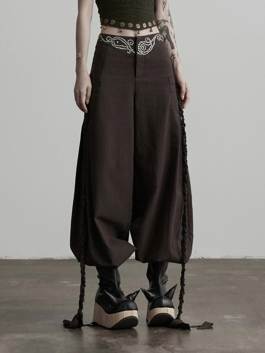 INDULGE Rhinestone Embellished Vintage Natural Waist Women Cotton Blend Wide-Leg Pants