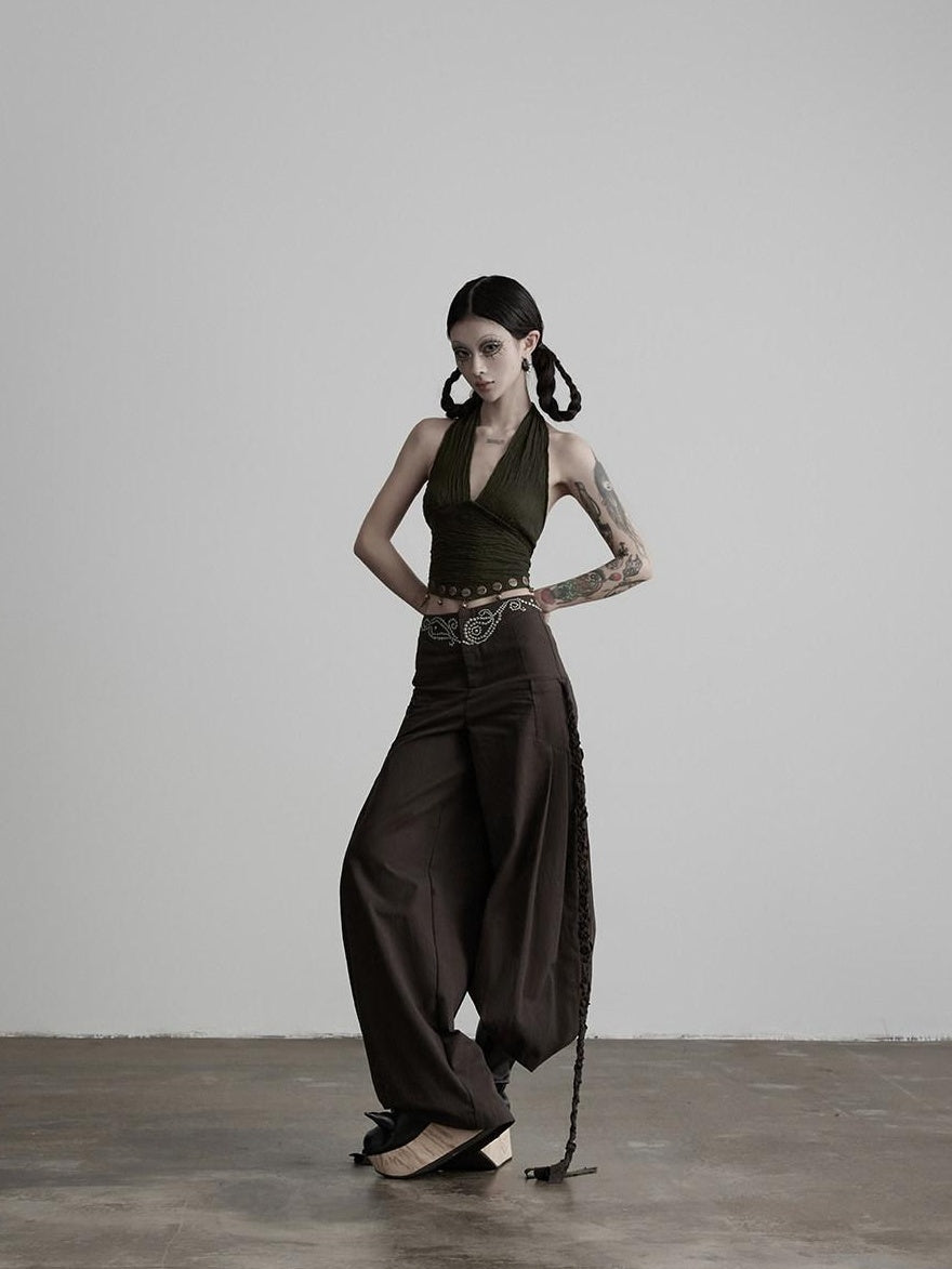INDULGE Rhinestone Embellished Vintage Natural Waist Women Cotton Blend Wide-Leg Pants