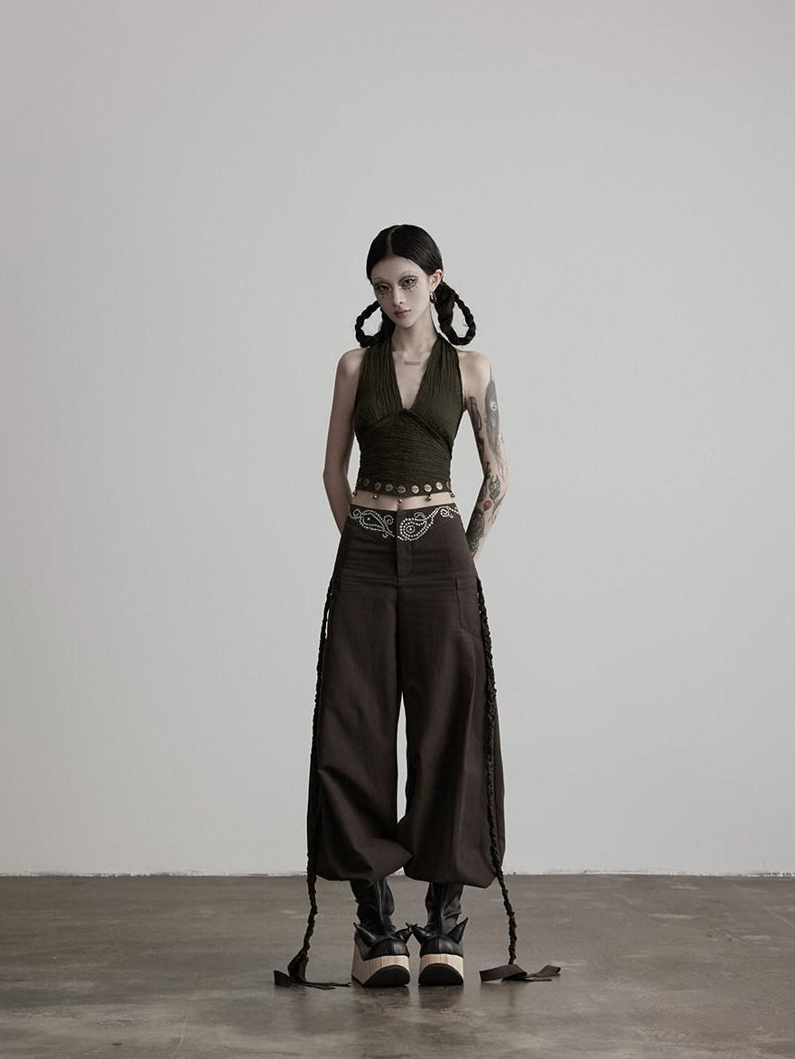 INDULGE Rhinestone Embellished Vintage Natural Waist Women Cotton Blend Wide-Leg Pants