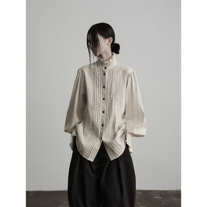 INDULGE_Ruffle_Stand_Collar_Pintuck_Cotton_Linen_Women&