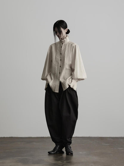 INDULGE Ruffle Stand Collar Pintuck Cotton Linen Women&