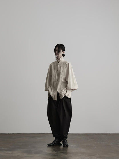INDULGE Ruffle Stand Collar Pintuck Cotton Linen Women&