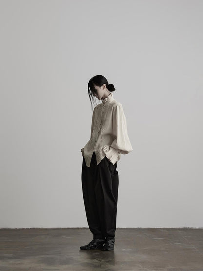 INDULGE Ruffle Stand Collar Pintuck Cotton Linen Women&