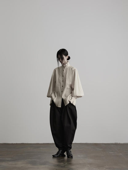 INDULGE Ruffle Stand Collar Pintuck Cotton Linen Women&
