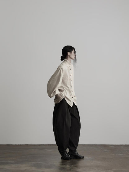 INDULGE Ruffle Stand Collar Pintuck Cotton Linen Women&