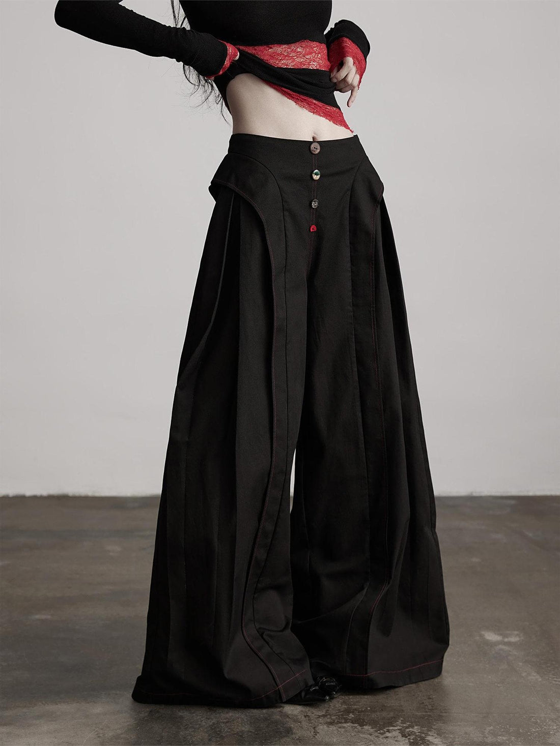 INDULGE Shape Retaining Button Detail Natural Waist Black Cotton Lyocell Wide-Leg Pants