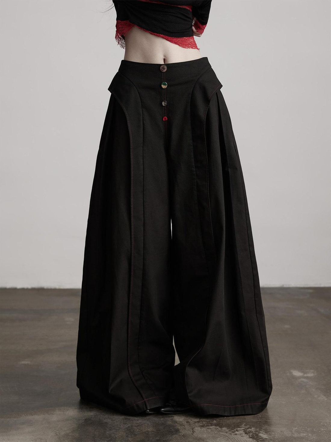 INDULGE Shape Retaining Button Detail Natural Waist Black Cotton Lyocell Wide-Leg Pants