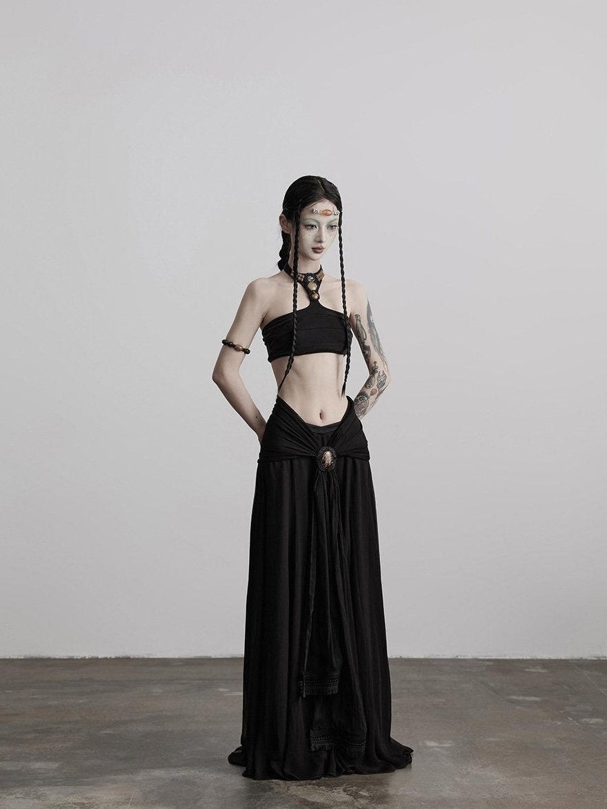 INDULGE Shape Retaining Casual A Line Pleated 3D Embellished Women Mid Waist Maxi Skirts