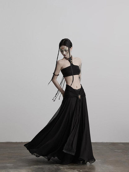 INDULGE Shape Retaining Casual A Line Pleated 3D Embellished Women Mid Waist Maxi Skirts