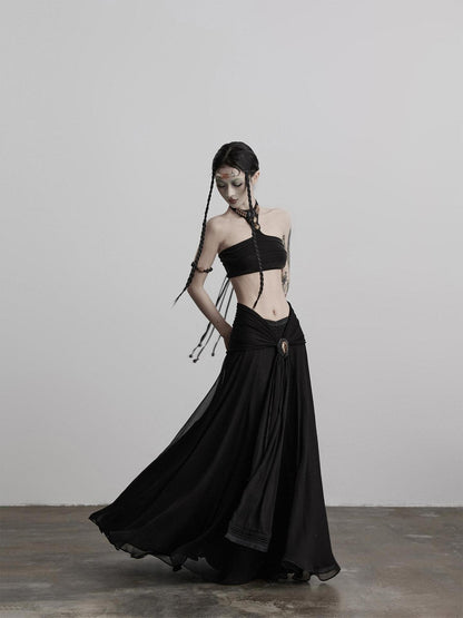 INDULGE Shape Retaining Casual A Line Pleated 3D Embellished Women Mid Waist Maxi Skirts