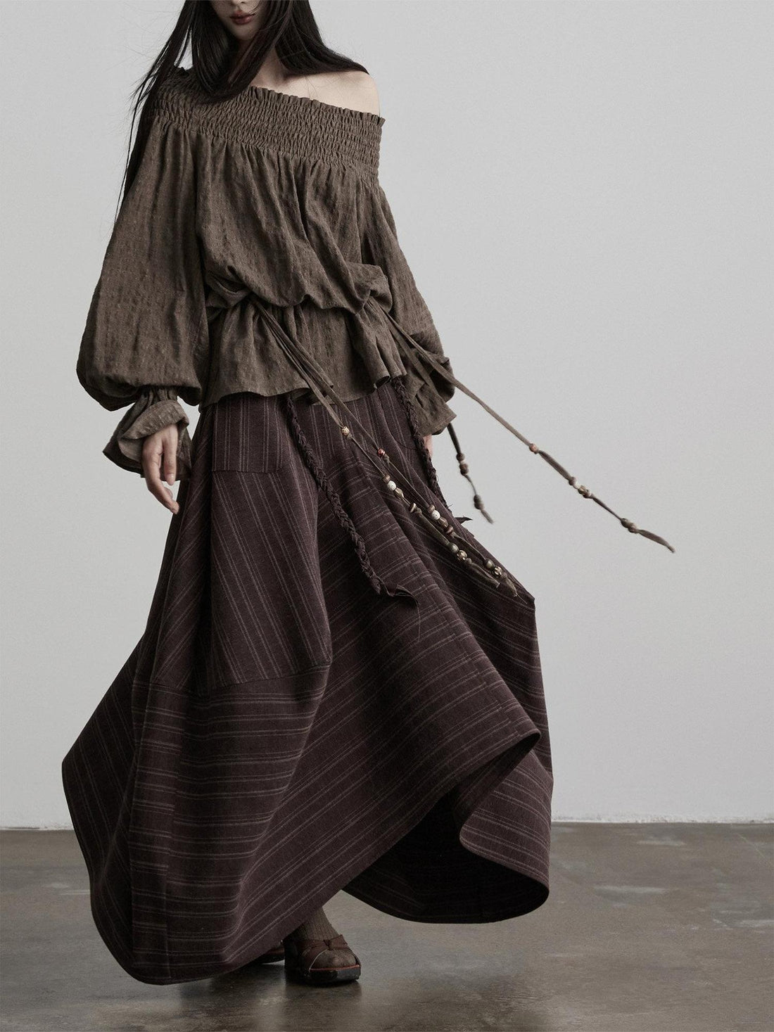 INDULGE Shape Retaining Casual Asymmetric Mid Waist Women Red Brown Polyester Maxi Skirts