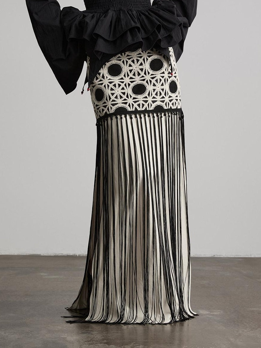 INDULGE Shape Retaining Casual Tassel Patchwork Mid Waist Side Zipper Cotton Maxi Skirts
