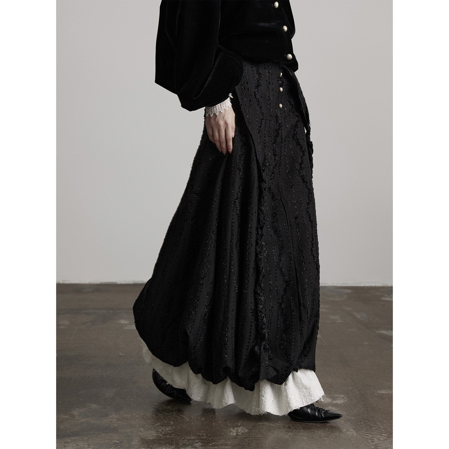 INDULGE Shape Retaining Dark Gothic Embroidered A Line Casual Black Tiered Skirts