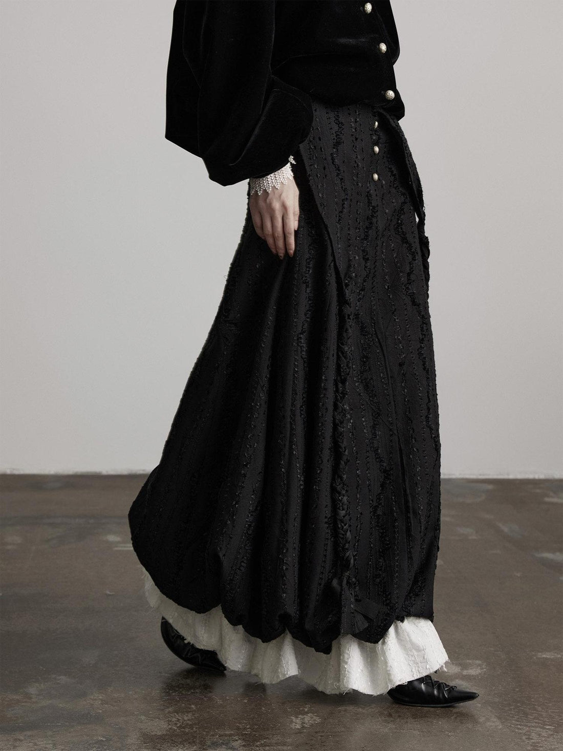 INDULGE Shape Retaining Dark Gothic Embroidered A Line Casual Black Tiered Skirts