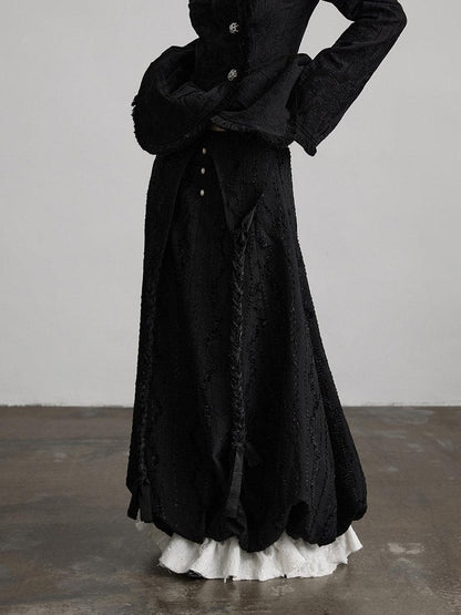 INDULGE Shape Retaining Dark Gothic Embroidered A Line Casual Black Tiered Skirts