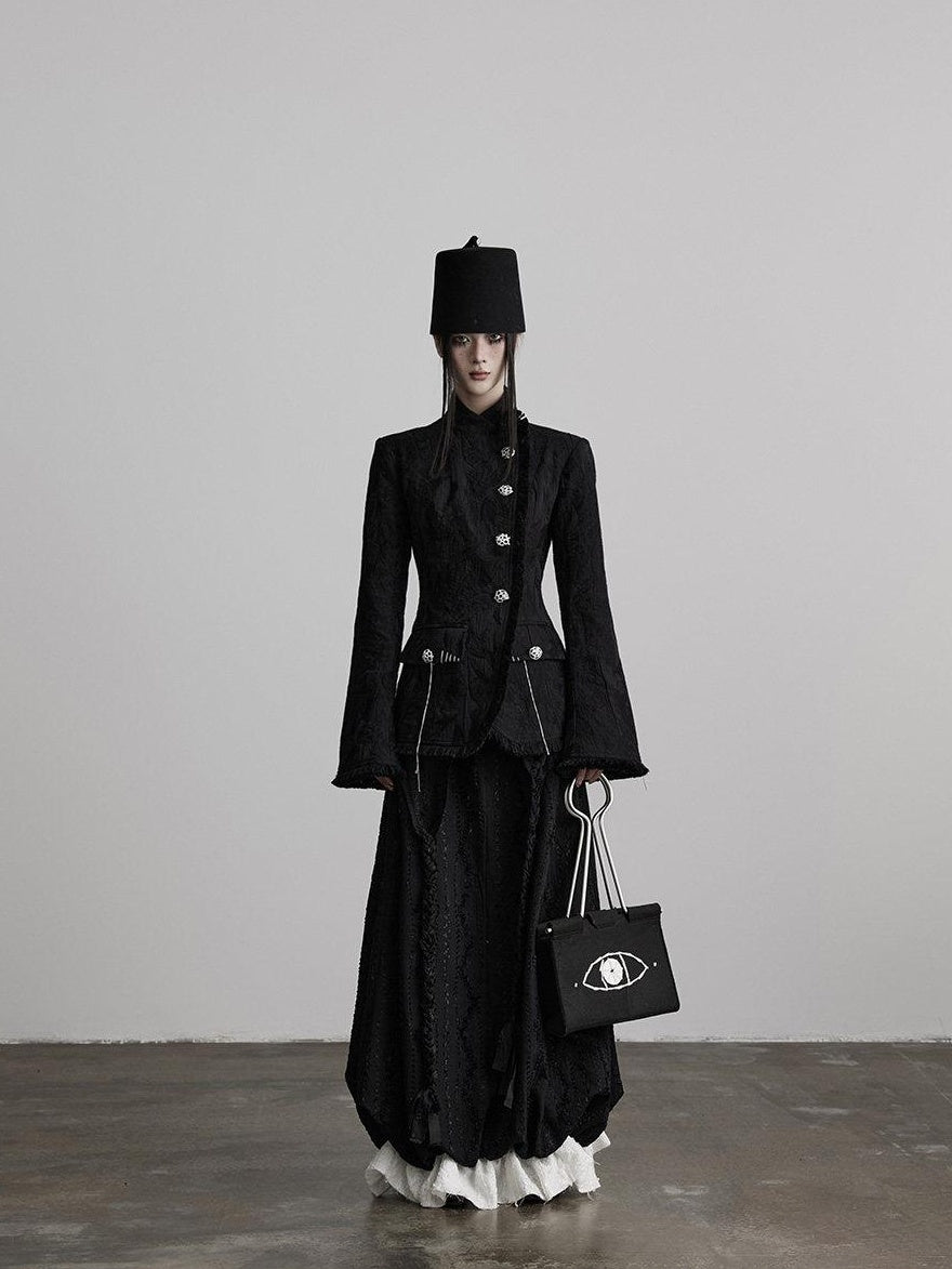 INDULGE Shape Retaining Dark Gothic Embroidered A Line Casual Black Tiered Skirts