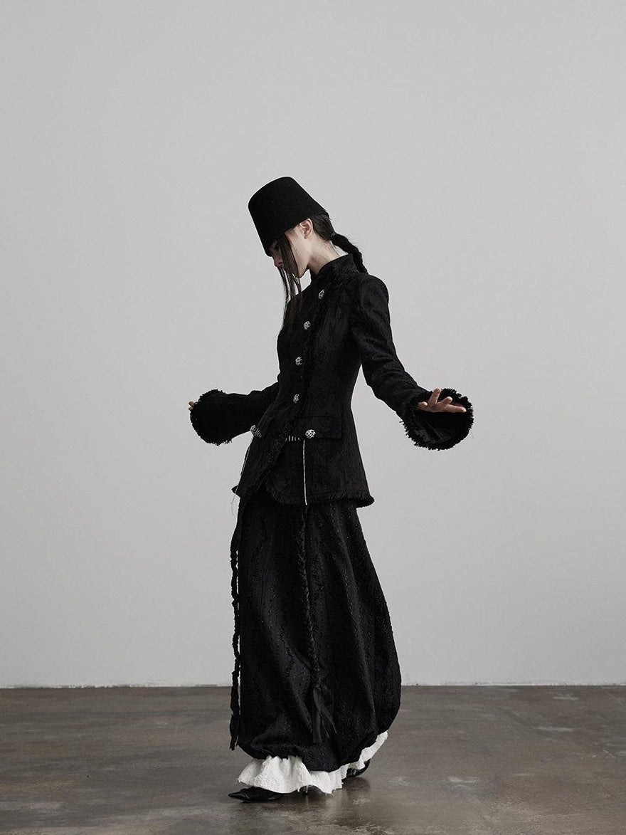 INDULGE Shape Retaining Dark Gothic Embroidered A Line Casual Black Tiered Skirts
