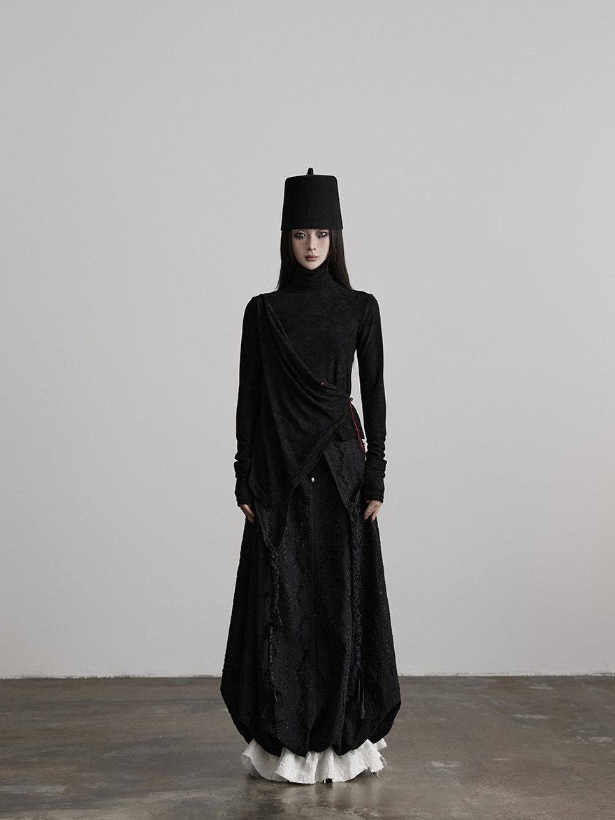 INDULGE Shape Retaining Dark Gothic Embroidered A Line Casual Black Tiered Skirts