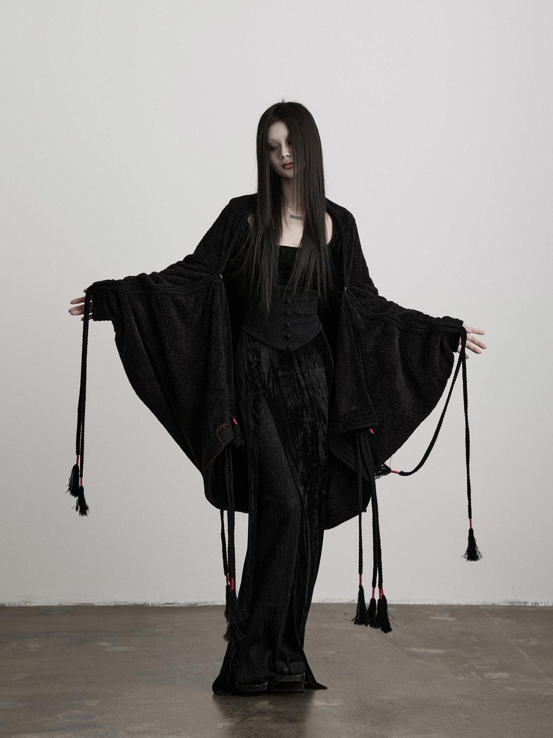 INDULGE Shape Retaining Elegant Tie Waist Batwing Sleeves Longline Black Casual Jackets