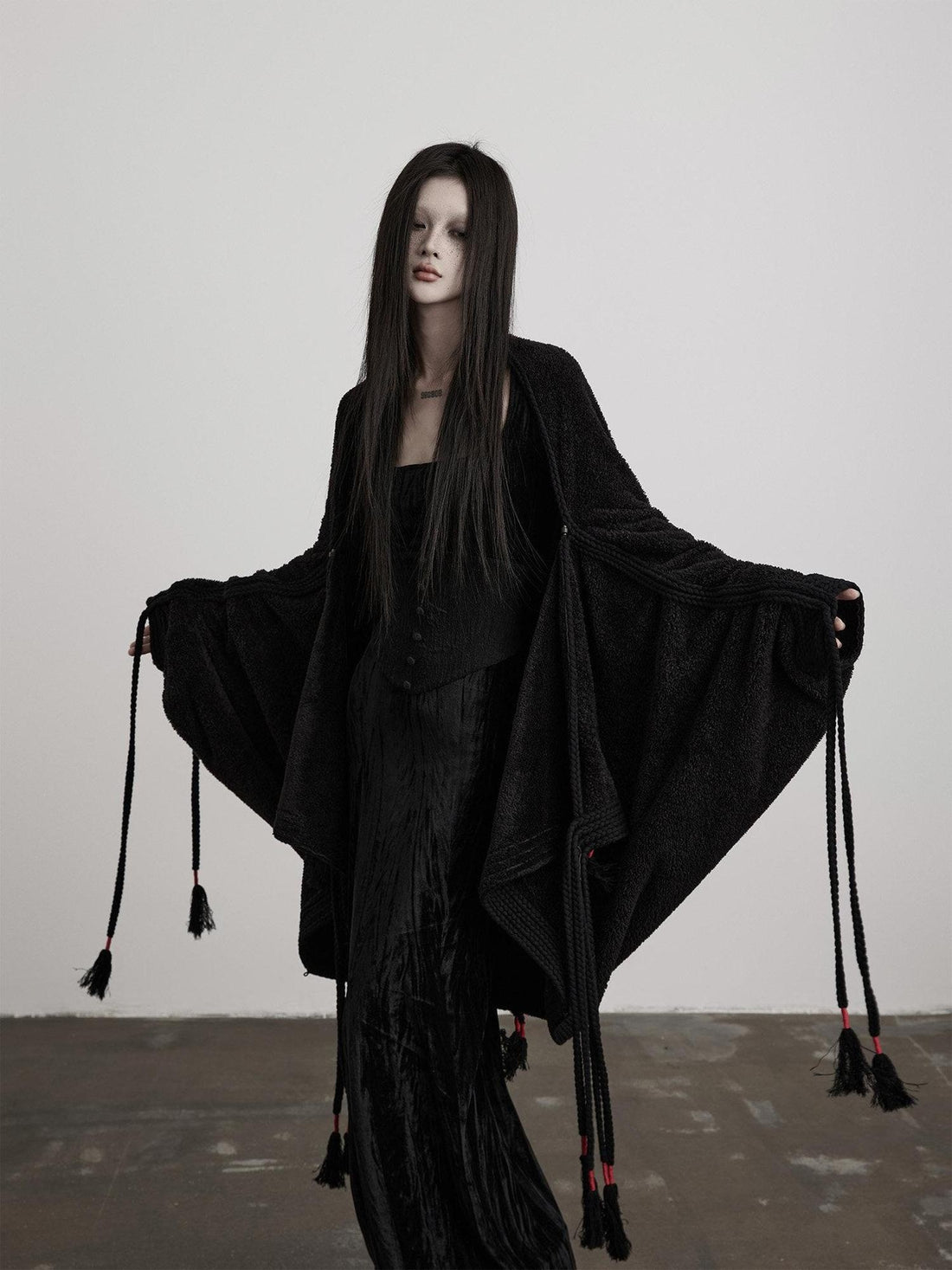 INDULGE Shape Retaining Elegant Tie Waist Batwing Sleeves Longline Black Casual Jackets