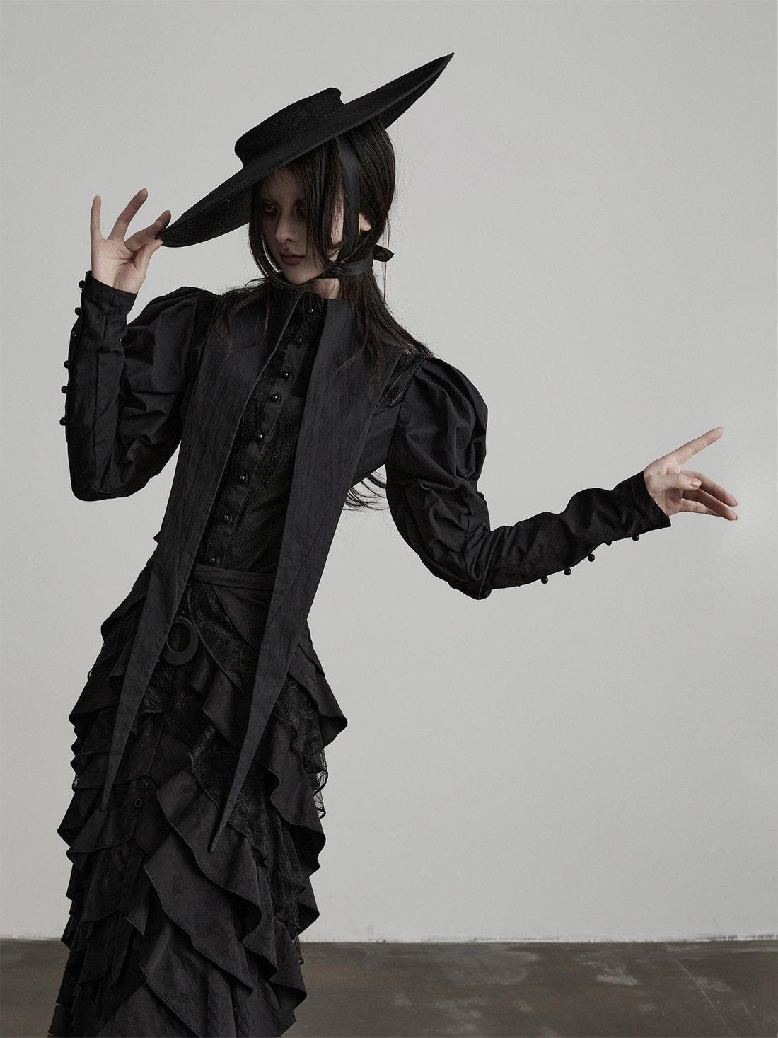 INDULGE Shape Retaining Fitted Waist Ruching Gothic Leg Of Mutton Sleeves Black Blouses