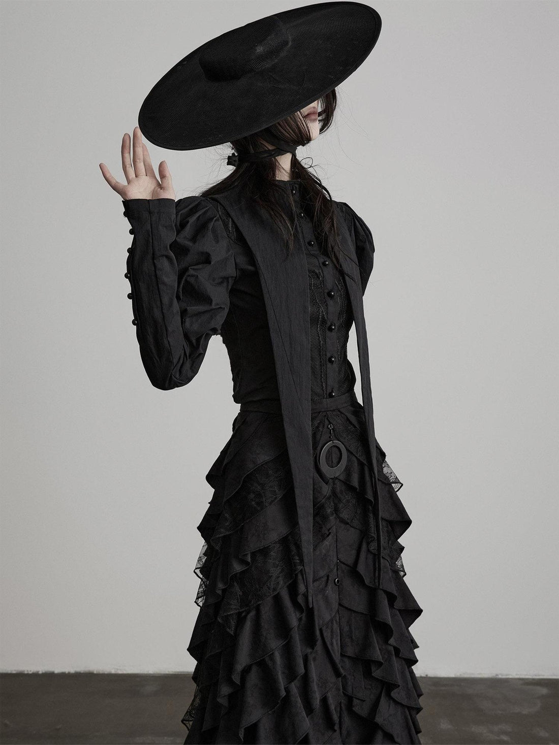 INDULGE Shape Retaining Fitted Waist Ruching Gothic Leg Of Mutton Sleeves Black Blouses