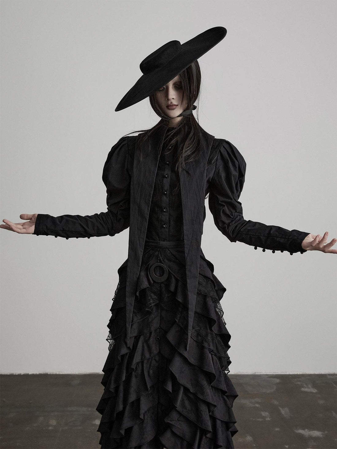 INDULGE Shape Retaining Fitted Waist Ruching Gothic Leg Of Mutton Sleeves Black Blouses