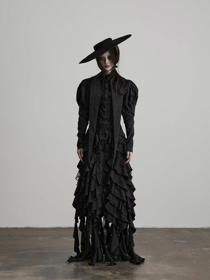 INDULGE Shape Retaining Fitted Waist Ruching Gothic Leg Of Mutton Sleeves Black Blouses