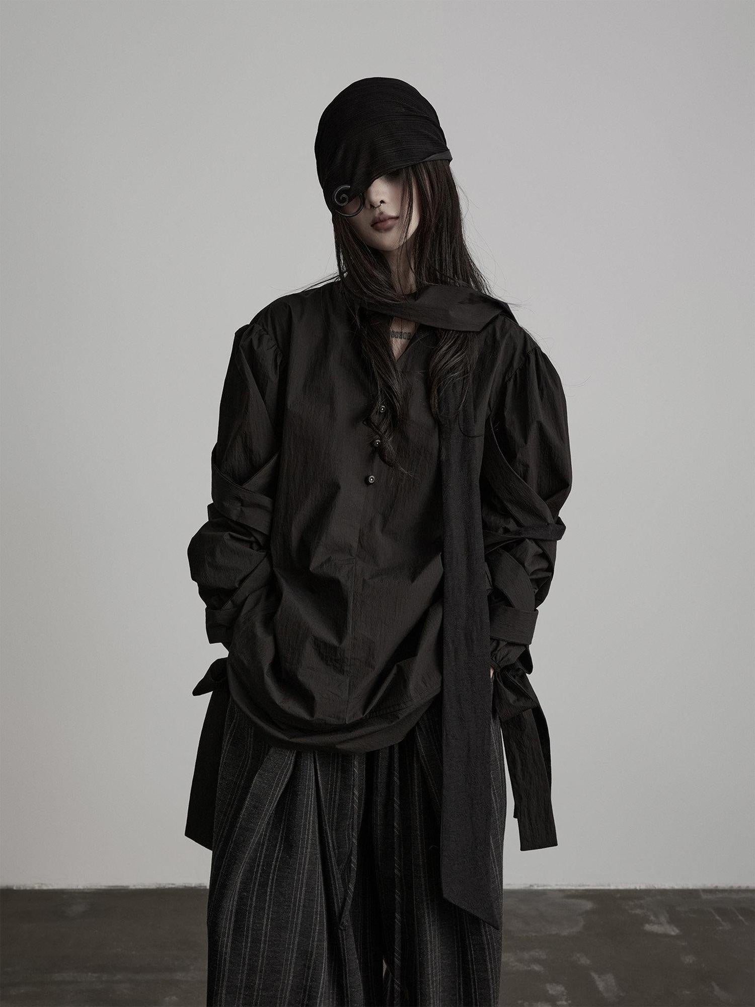 INDULGE Shape Retaining Gothic Loose Ribbon Tie Long Sleeve Cotton Black Bow Blouses