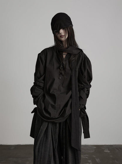 INDULGE Shape Retaining Gothic Loose Ribbon Tie Long Sleeve Cotton Black Bow Blouses