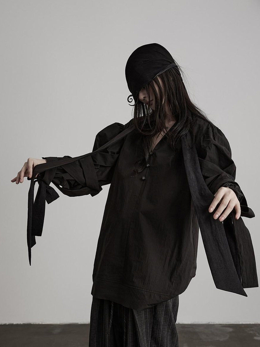 INDULGE Shape Retaining Gothic Loose Ribbon Tie Long Sleeve Cotton Black Bow Blouses