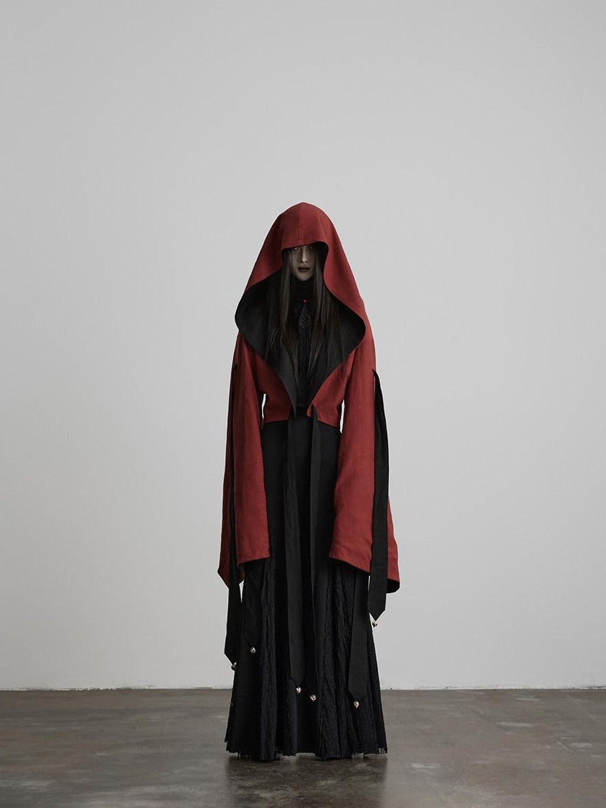 INDULGE Shape Retaining Hooded Gothic Colorblock Tie Front One Size Black Cape Coats