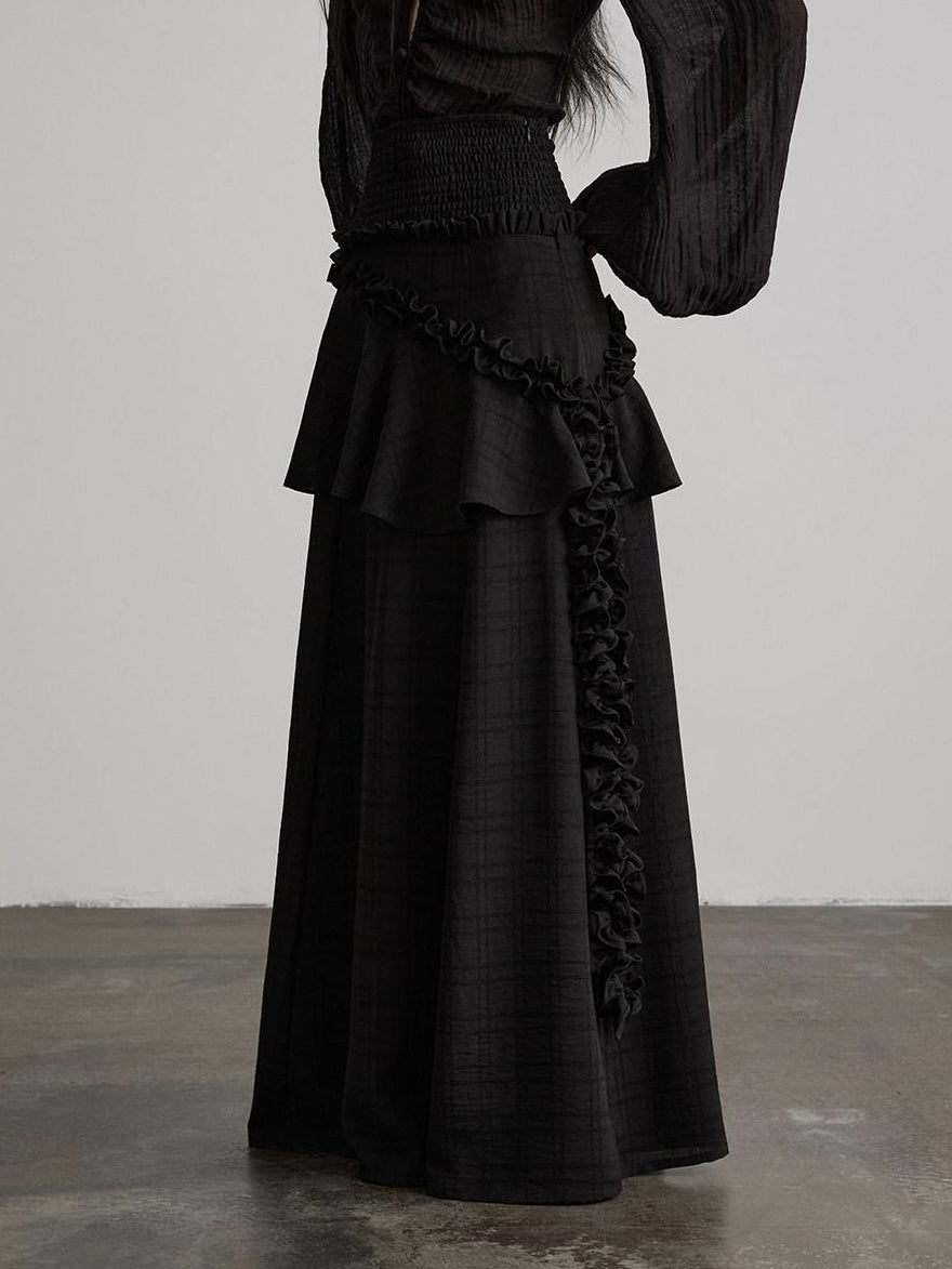INDULGE Shape Retaining Lined Casual A Line Ruffle Mid Waist Polyester Black Maxi Skirts